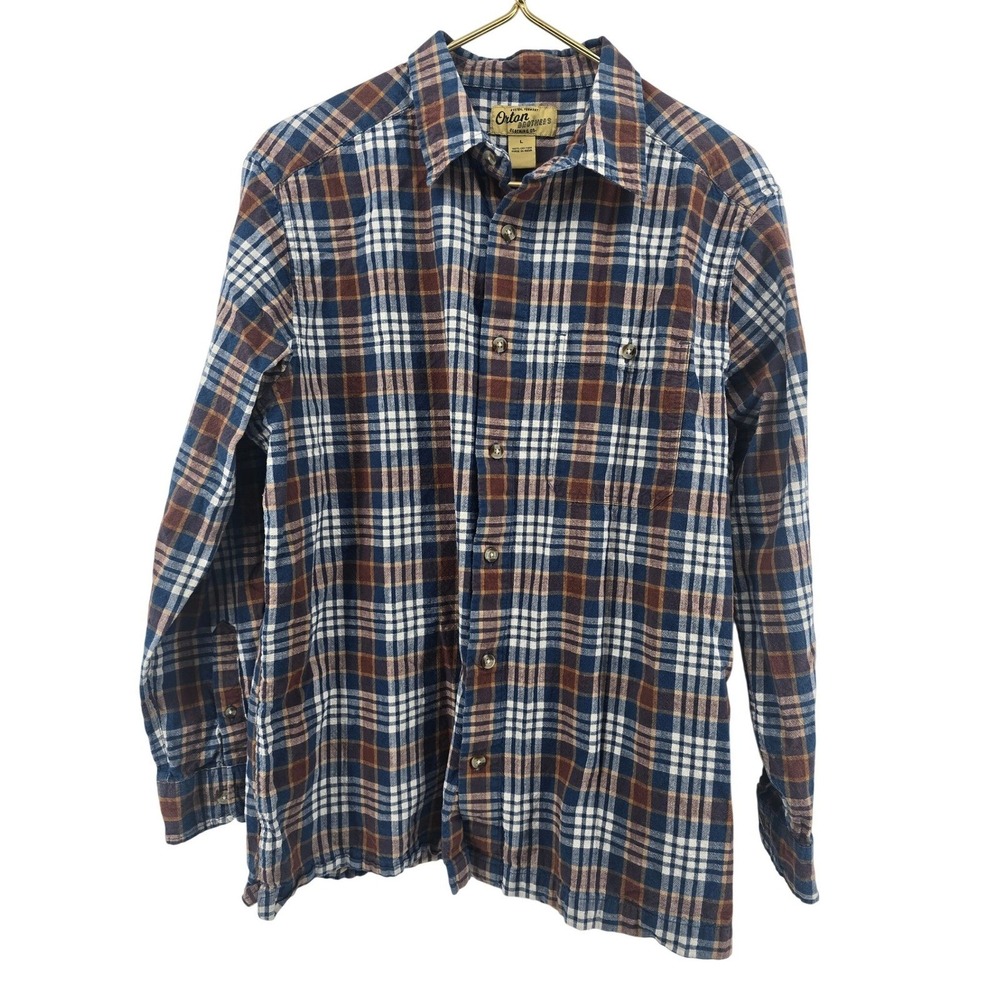 Orton Brothers Shirt Mens L Plaid Blue‎ Brown Button Front Long Sleeve EUC